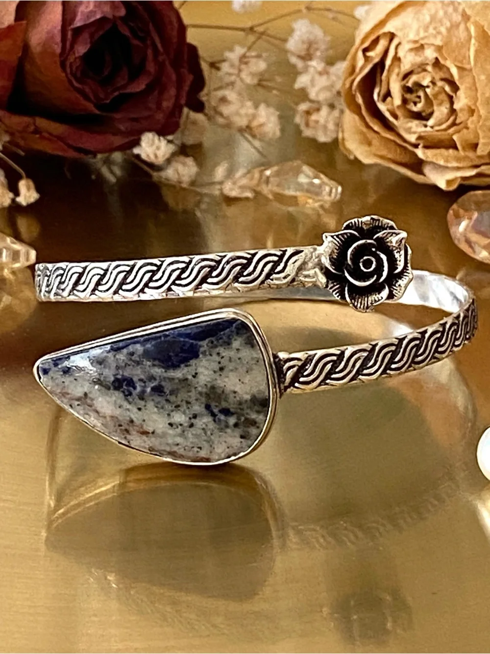 Sodalite Hand Crafted Flower Bypass Bangle